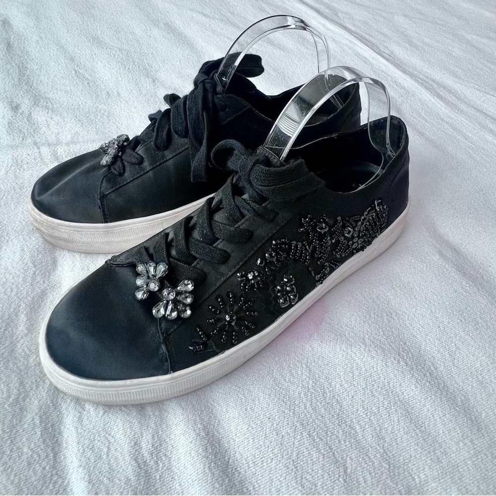 ZARA Black Satin Beaded Embellished Sneakers Trainers Lace Up Shoe Women’s 39‎ - Picture 2 of 15